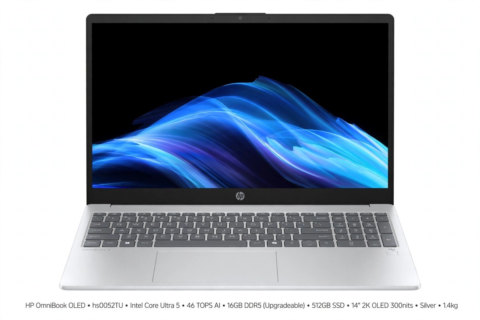 HP OmniBook OLED ● Intel Core Ultra 5 322● 46 Tops● 16GB DDR5 (Upgradeable)● 512GB SSD● 2K●14''/35.6cm● 300nits● Win11● Office24● Silver● 1.4kg● hs0052TU● Lighter mini GaN Charger● AI Laptop